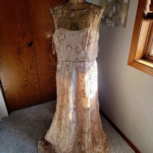 David's Bridal Sequined Embellished Illusion Neck dress size 14 Champagne color